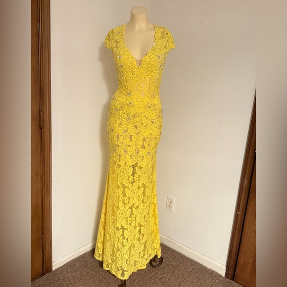 Jovani Yellow Lace Maxi Dress - Picture 11 of 11